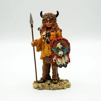 Vintage Native American Chief Resin Figurine 8  Buffalo Headdress Spear & Shield • $10