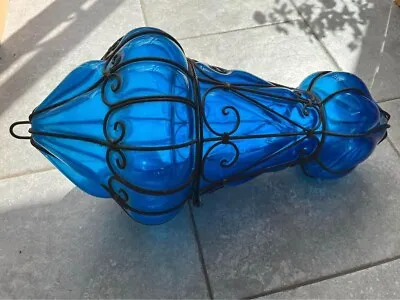 Vintage Light Pendant - Wrought Iron And Handblown Venetian Blue Glass • £80