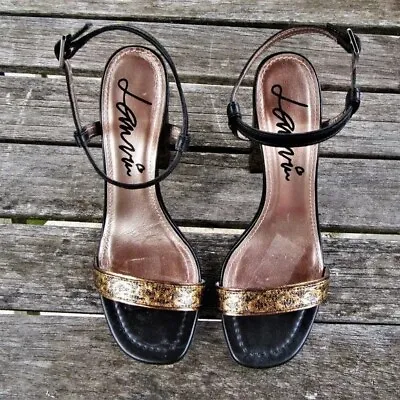 LANVIN 65 Heels Italy Sandals Black Leather Dark Gold Block Heel Women's Shoes • $65