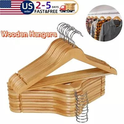 Natural Wooden Coat Hangers Suit Garments Clothes Wood Hanger Trouser Bar Set  • $15.55