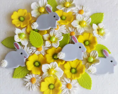 Edible Spring Bouquet Flowers With Bunnies Cake Toppers Decorations • £11.95