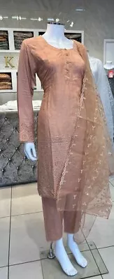 Dusty Pink 3 Piece Linen Chicken Kaari Shalwar Kameez With Organza Dupatta • £24.99