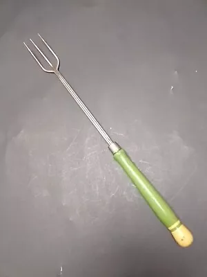 Vintage A&J Long 3 Prong Meat Fork Green Handle 15  Chrome Plated As-is Barbecue • $24.99