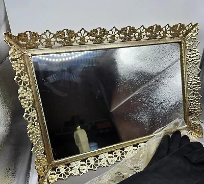  Vintage Mirrored Vanity Dresser Tray Gold Filigree Ornate Floral Frame MCM  • $16.99