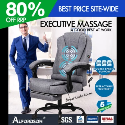$169.95 • Buy ALFORDSON Massage Office Chair Grey Fabric Footrest Executive Gaming Racing Seat