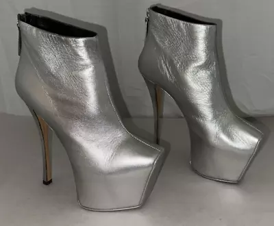 36/6❤️ ZANOTTI Metallic Silver Leather Ankle HIGH HEEL Platform BOOTS Pumps • $99