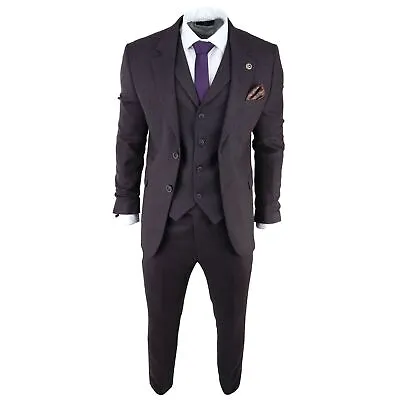 Mens Herringbone Tweed 3 Piece Suit Purple Plum Tailored 1920s Vintage Blinders • $222.32