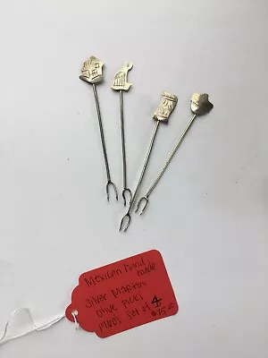 Mexican Handmade Silver Martini Olive Picks Set Of 4 1960's • $71.25