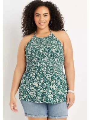 Maurices Women's Plus Size 3X Floral Teal Smocked Halter Neck Peplum Tank Top • $10