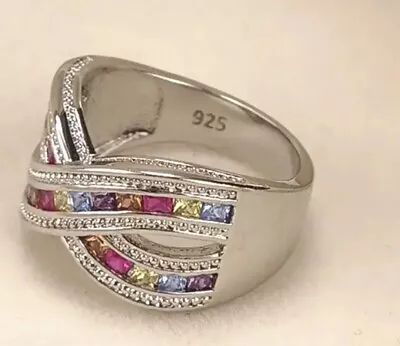 Womens Size T/10 S925 Sterling Silver Multi Col Sparkly CZ Ring In Gift Bag UK • £9.99