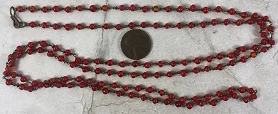 Vintage 1930's Art Glass Bead Cranberry Brass Wired Necklace 40” • $10