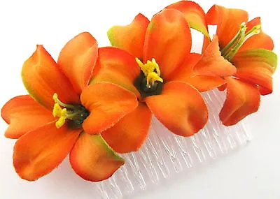 Triple 2  Tropical Orange Lily Silk Flower Hair CombWeddingPromDance • £8.63