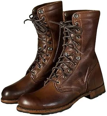 Men'S Vintage Leather Lace Up Mid-Calf Combat BootsFashion Round Toe Waterproof • $144.98