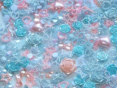 £2.99 • Buy Shabby Chic Pink Blue White 250pcs Faux Half Pearls Shapes Bows Hearts Flowers