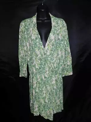 CAbi M Green Tropical Leaf Print Surplice Dress Faux Wrap Knee V Neck Rayon 280 • $14.99