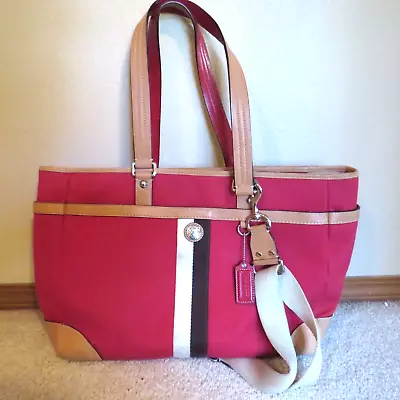 Coach Canvas & Leather Tote Bag Red Tan Large Laptop Diaper Grocery 77128 • $54.60