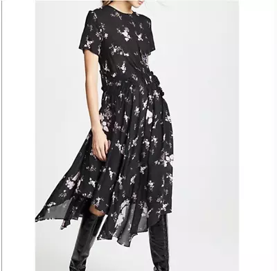 Perfect PREEN LINE Black Pink LOIS Floral Asymmetrical Ruched Chiffon Dress S • $175