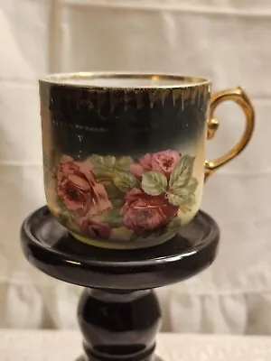 Antique Porcelain Mustache Cup Hand-painted Pink Roses Leaves Gold Trim Ombre • $13