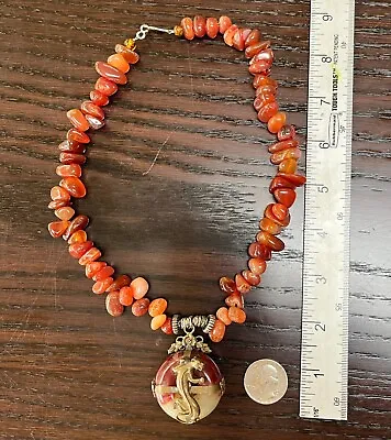 VINTAGE Chunky CHINESE Dragon CARNELIAN Beaded NECKLACE • $18.99
