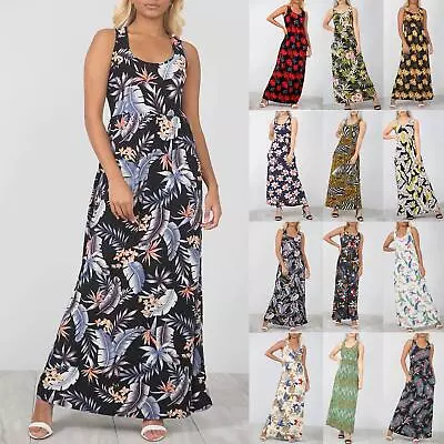 Ladies Womens Printed Muscle Racer Back Strappy Pockets Vest Maxi Skater Dress • £10.49