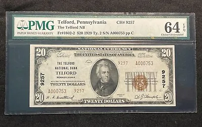 1929 $20 Telford National Bank Twenty Pennsylvania Type 2 PA Note PMG 64 EPQ • $449.99