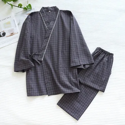 Men Japanese Kimono Pajama Set Long Pants Checked Cotton Sleepwear Nightwear • $38.67