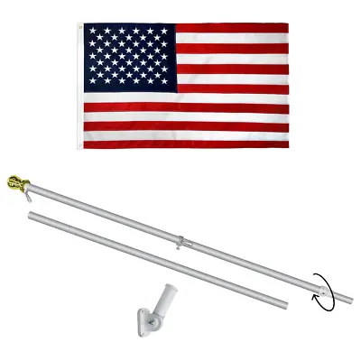 3x5 Embroidered USA Flag Pole Kit 6ft Spinning Pole Bracket Tangle Free Silver • $34.88