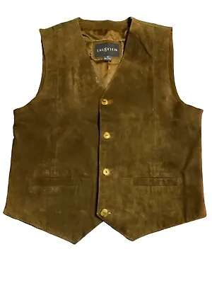 Chereskin Brown Suede  Nylon Lined Vest W/Cotton Twill Adjustable Back VTG • $39.99