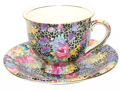 Royal Winton Grimwades Hazel Black Chintz Demitasse Cup And Saucer • $15