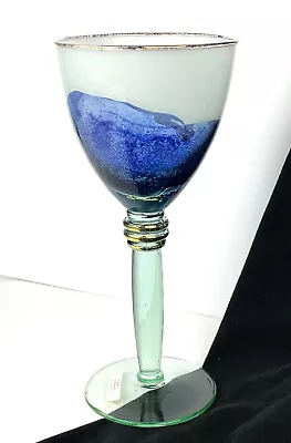 Italian Murano Blue White Gilded Art Glass Wine Goblet Ravanelli Artist Sticker • $62.99