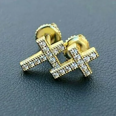 0.50 Ct Round Cut Diamond Men's Cross Stud Earrings 14K Yellow Gold Finish • £79.70