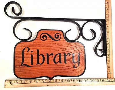 Vintage 1960's Library Sign Handmade Oak Wood Double Sided W/ Bracket Nice Sign • $125