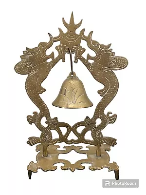 Chinese Dragon Brass Gong Bell Double Dragon Patina Meditation Altar Bell Stand • $23.19