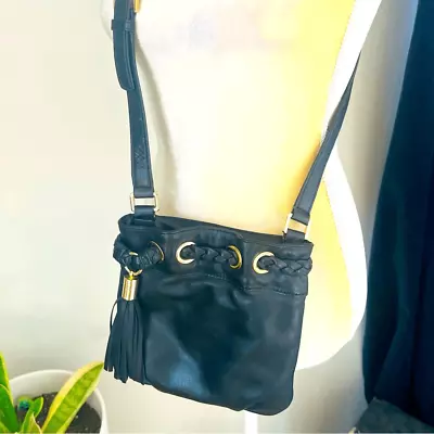 MICHAEL KORS Leather Ring Tasseled Leather Crossbody Tote Black/Gold Hardware • $69