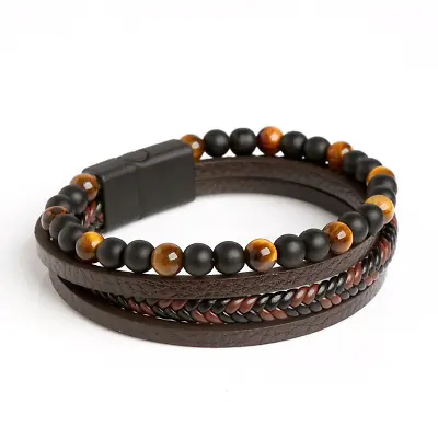 Men's Layered Braided Leather Beaded Bracelet With Tiger Eye Natural Stone • $9.99