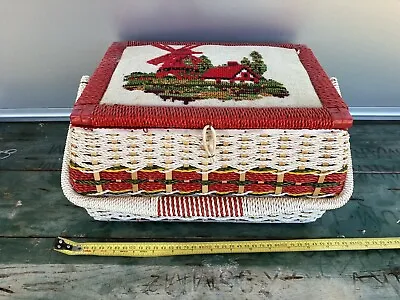 Vintage Singer Sewing Basket Caddy Box Embroidered Windmill Red Mid Century 50s • £53.10