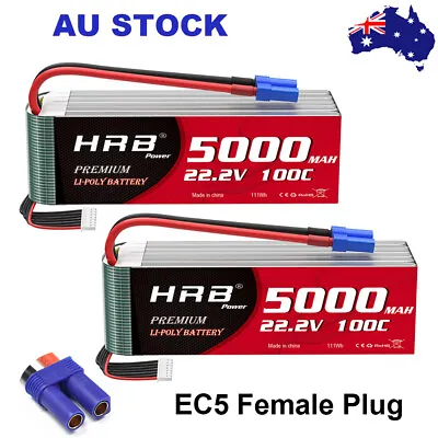 $198.50 • Buy 2pcs HRB 6S 22.2V 5000mAh 100C EC5 LiPo Battery For RC Helicopter Drone Car AU
