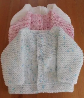 Baby Hand-Knitted Button Cardigan Boys Girls Blue Pink White Newborn Size • £7.99
