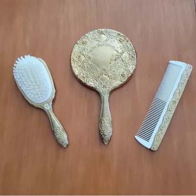 Vintage Brass Gilt Plated Vanity Mirror Brush Comb Set • $89