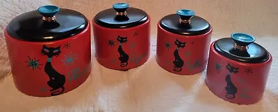 Vintage Mid Century Mirro Metal Kitchen Canister Set Of 4 Repurposed Black Cats • $340