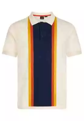 Mens Merc London Panel Stripe Knitted Smart Polo Shirt Derrick - Vanilla Cream • £59.99