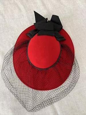 Vtg SONNI Womens Red Black Wool Hat Red Veil Bow Lace Church DerbyDress O/S • $49.95