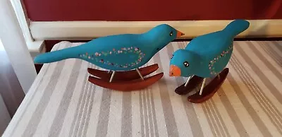 Vintage Folk Art Wooden Hand Carved Rocking Hand Painted Pair Of Blue Birds • $40