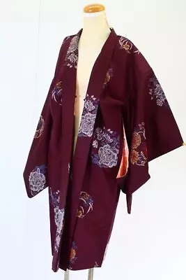 Antique Japanese Kimono SILK NAGA-BAORI MeisenBordeaux Taisho 1919~ 38.6 .3786 • $88