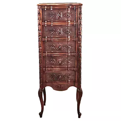 Antique Highly Carved Walnut Lingerie Chest Black Marble Top 5 Drawers 36 H • $1180