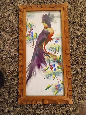 Vintage Mexican Feather Folk Art Bird Picture With  Carved  Wood Frame. Stamped • $14.99