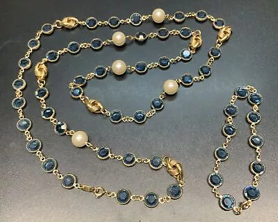 VTG Swarovski Lariat Teal Blue Crystal Bezel Knot Faux Pearl Necklace/bracelet  • $99.95