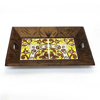 Vintage Hand Carved Wood Rectangular Serving Tray With Mexican Tiles • $21