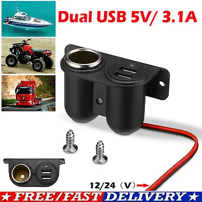 12V/24V Dual 2.1A USB Port Charger Car Cigarette Lighter Socket Power Outlet LED • £8.79