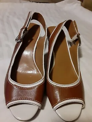 Franco Sarto Women's Shoes Leather Open Toe Heels 2 5 Inches Camel/white Color  • $18.50